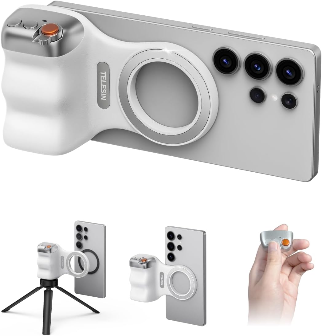 TELESIN Fun Shot Magnetic Phone Camera Grip + C03 Magnetic Selfie Light (Silver) Bundle Kit Compatible with iPhone Magsafe & Android, Creator Kit for Selfies/Photography/TikTok/Zoom Calls/Video