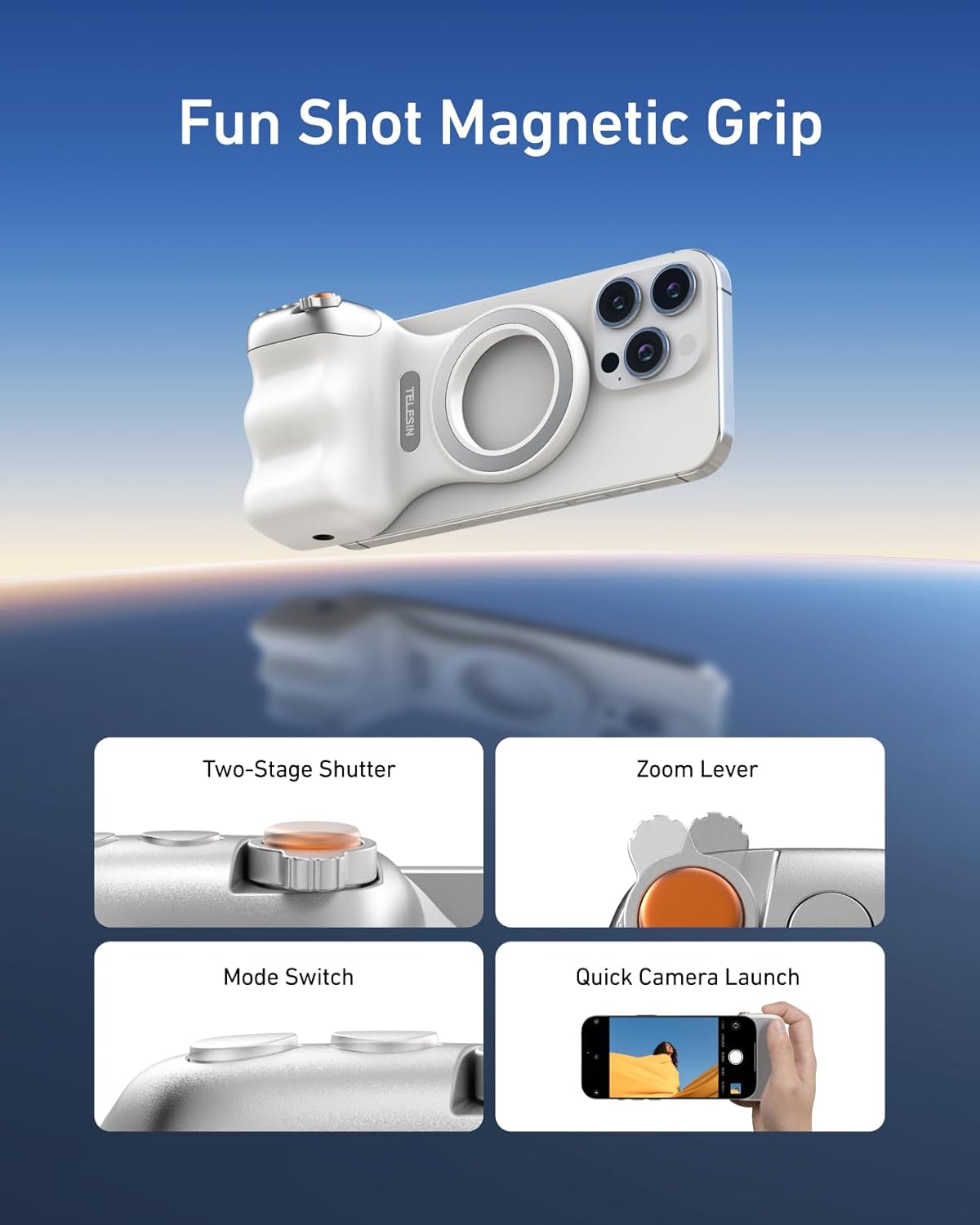 TELESIN Fun Shot Magnetic Phone Camera Grip + C03 Magnetic Selfie Light (Silver) Bundle Kit Compatible with iPhone Magsafe & Android, Creator Kit for Selfies/Photography/TikTok/Zoom Calls/Video