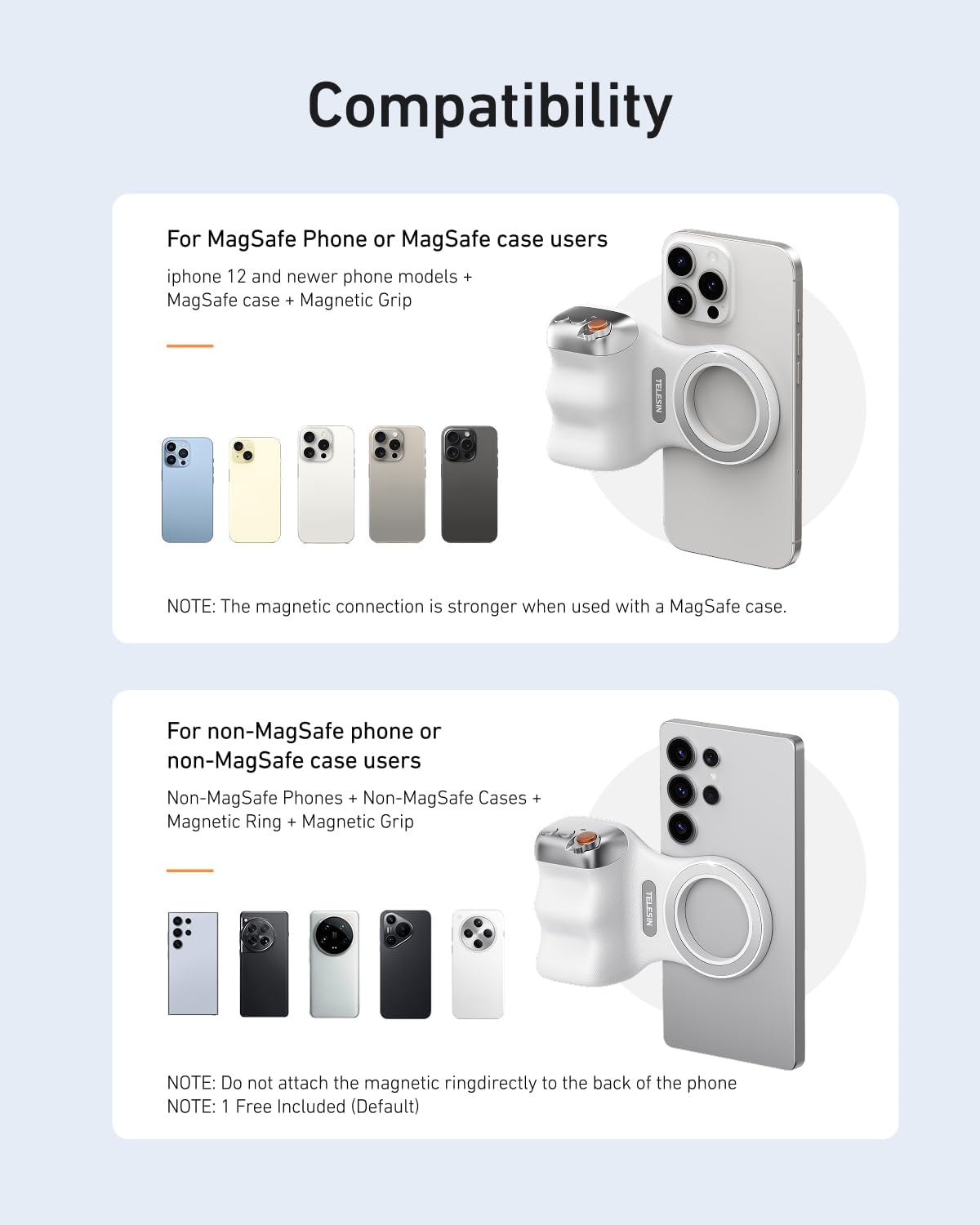 TELESIN Fun Shot Magnetic Phone Camera Grip + C03 Magnetic Selfie Light (Silver) Bundle Kit Compatible with iPhone Magsafe & Android, Creator Kit for Selfies/Photography/TikTok/Zoom Calls/Video