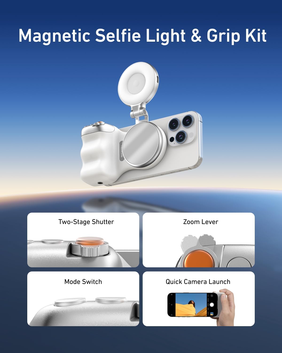 TELESIN Fun Shot Magnetic Phone Camera Grip + C03 Magnetic Selfie Light (Silver) Bundle Kit Compatible with iPhone Magsafe & Android, Creator Kit for Selfies/Photography/TikTok/Zoom Calls/Video