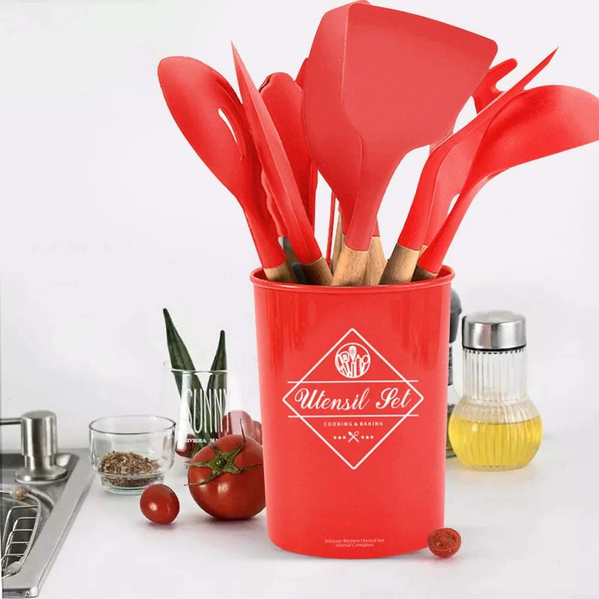 Colorful Kitchen Utensils Silicone 12 Piece (Red)