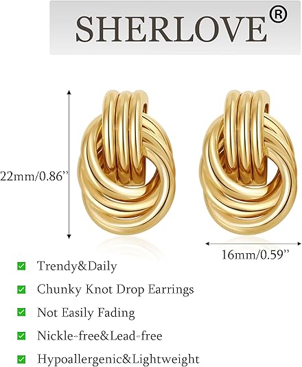 Trendy Gold Plated Knot Earrings for Women Chunky Statement Drop Dangle Earrings Lightweight Hypoallergenic Fashion Accessories Gold Jewelry Gifts for Women