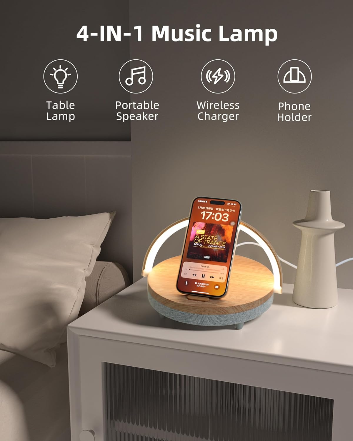 EZVALO Birthday Gifts for Women, Music Table Lamp with Wireless Charger, 4 in 1 Touch Bedside Lamp, Bluetooth Speaker, Phone Holder, Dimmable LED Night Lights Birthday Gifts for Women, Men, Dad, Mom