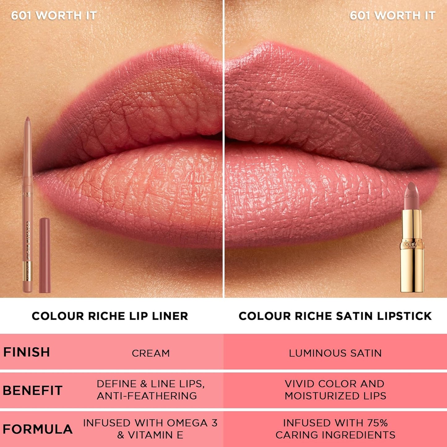 L’Oréal Paris Colour Riche Lipstick and Lip Liner Set, Includes 1 Satin Lipstick and 1 Creamy Lip Pencil For Bold, Nourished Lip Color, Worth It, 1 Kit