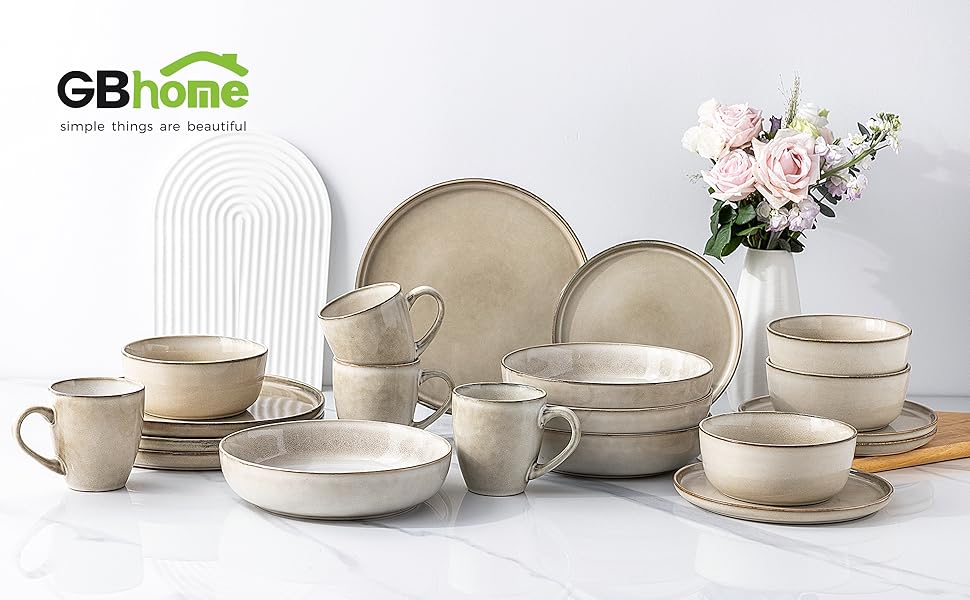 GBHOME Ceramic Dinnerware Sets for 4, 12 Pieces Stoneware Plates and Bowls Sets, Scratch Resistant Dishes, Dishwasher & Microwave Safe, Reactive Glaze-Cappuccino