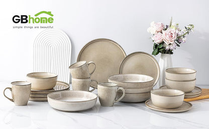 GBHOME Ceramic Dinnerware Sets for 4, 12 Pieces Stoneware Plates and Bowls Sets, Scratch Resistant Dishes, Dishwasher & Microwave Safe, Reactive Glaze-Cappuccino